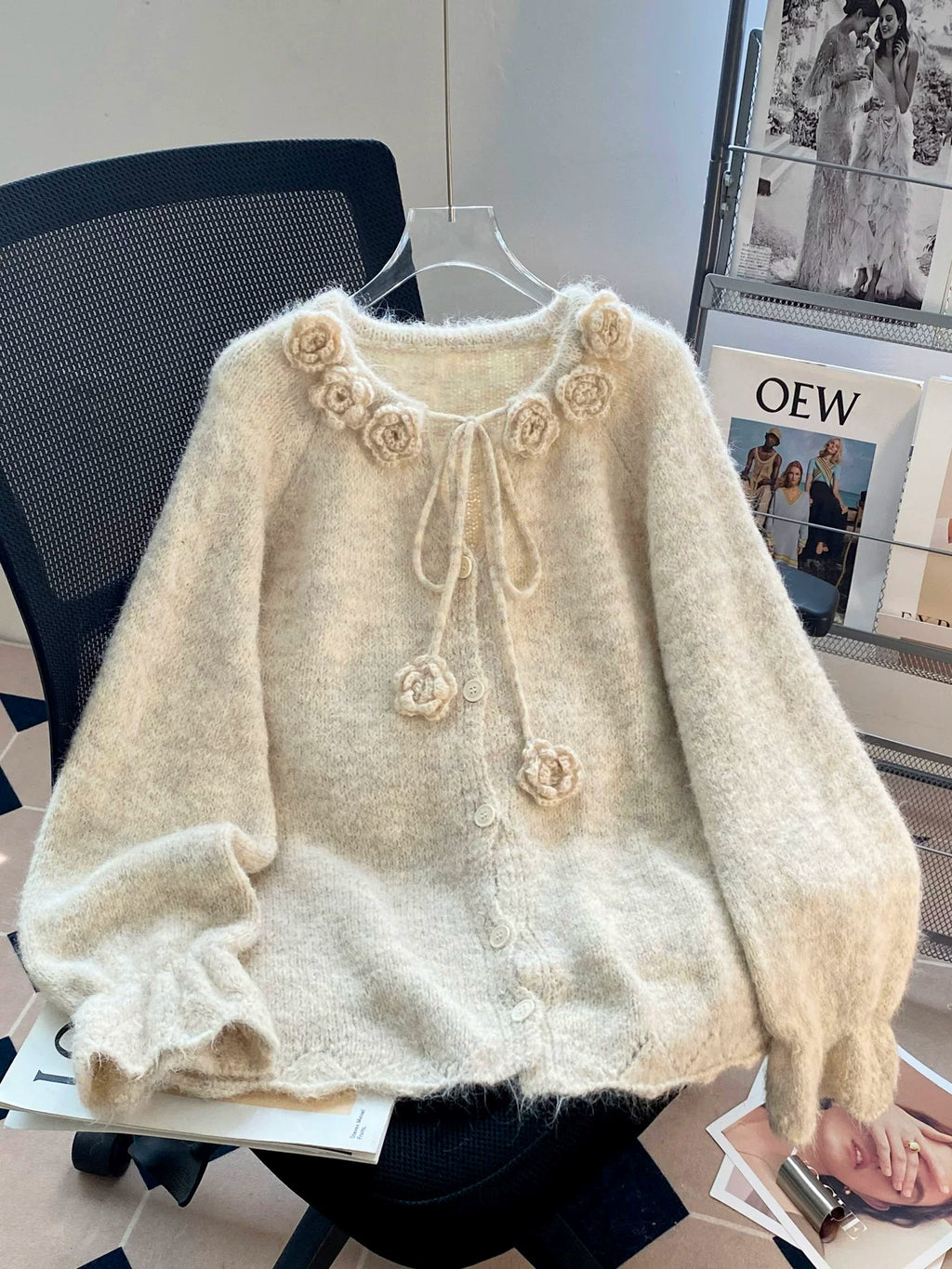 Floral Appliqué Fuzzy Knit Cardigan