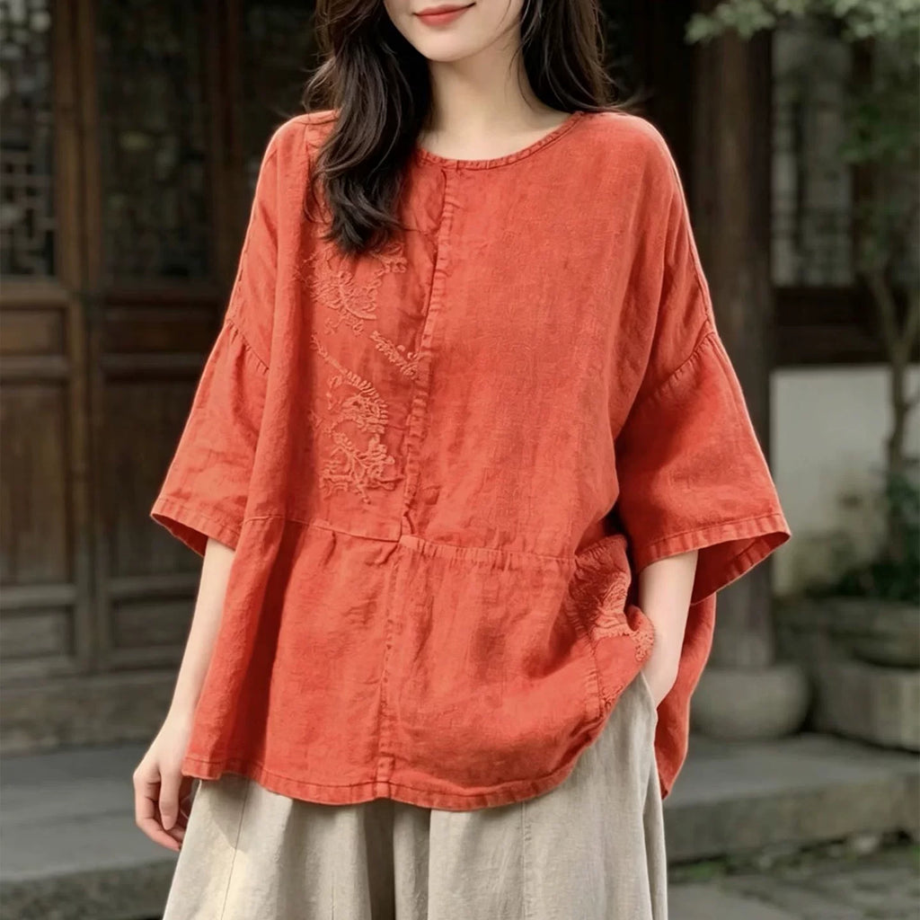 100% Linen Top with Embroidered Floral Motif