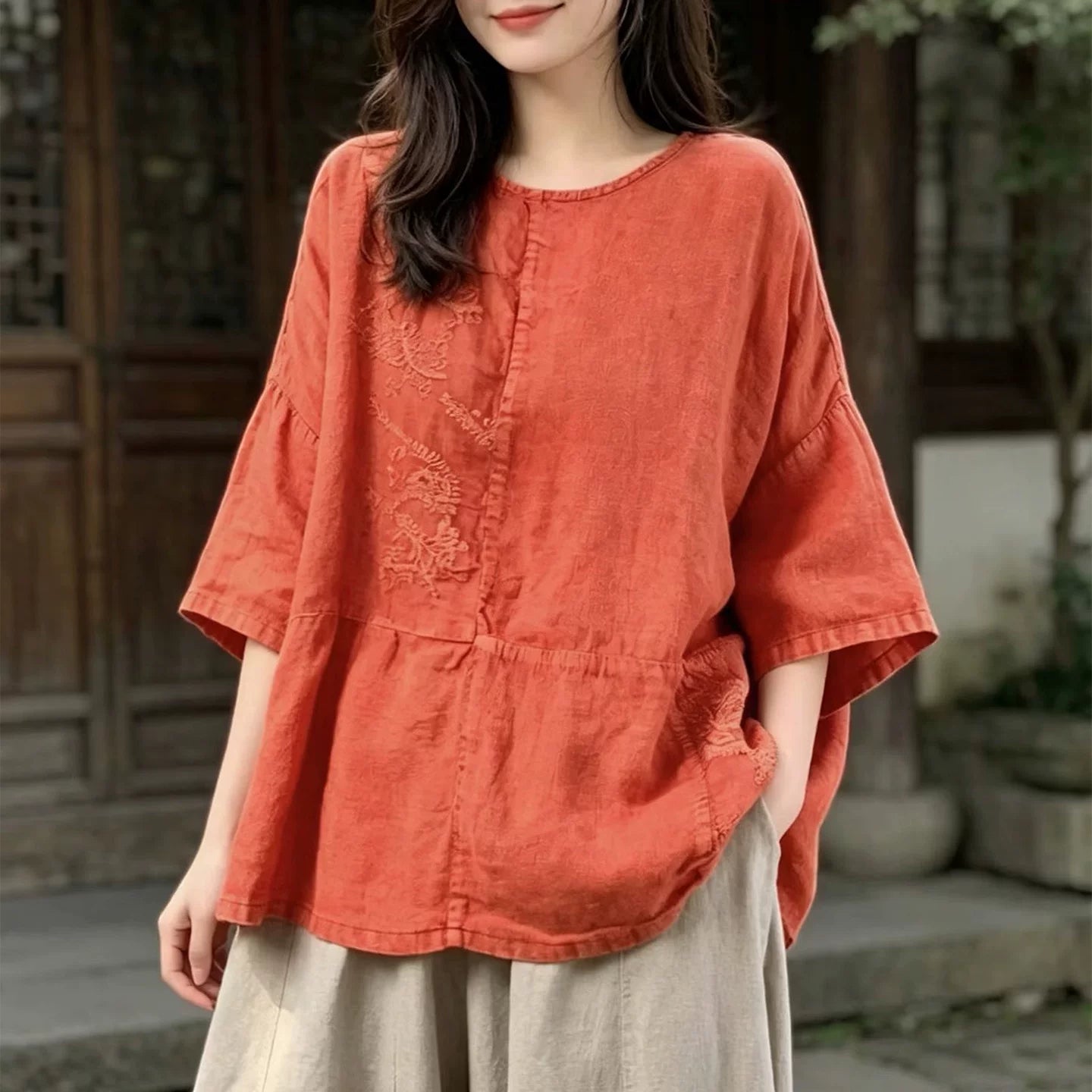 100% Linen Top with Embroidered Floral Motif