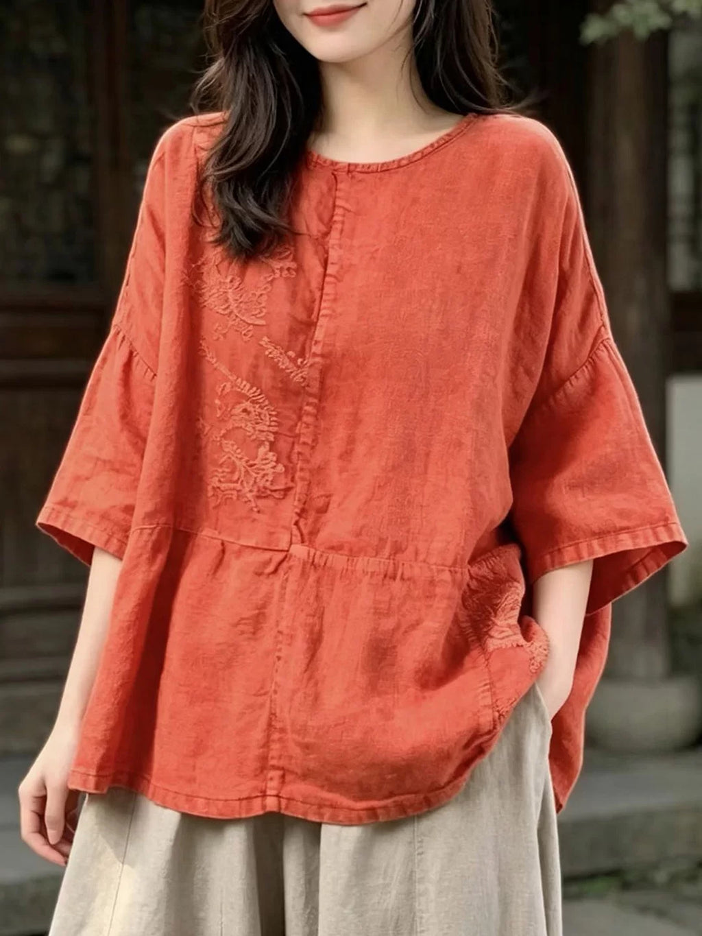 100% Linen Top with Embroidered Floral Motif