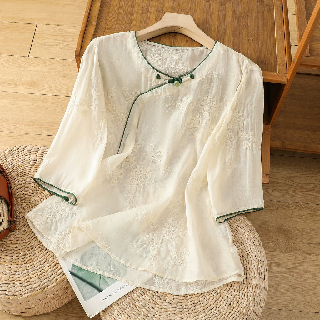 Embroidered Cotton Linen Three Quarter Sleeve Shirt
