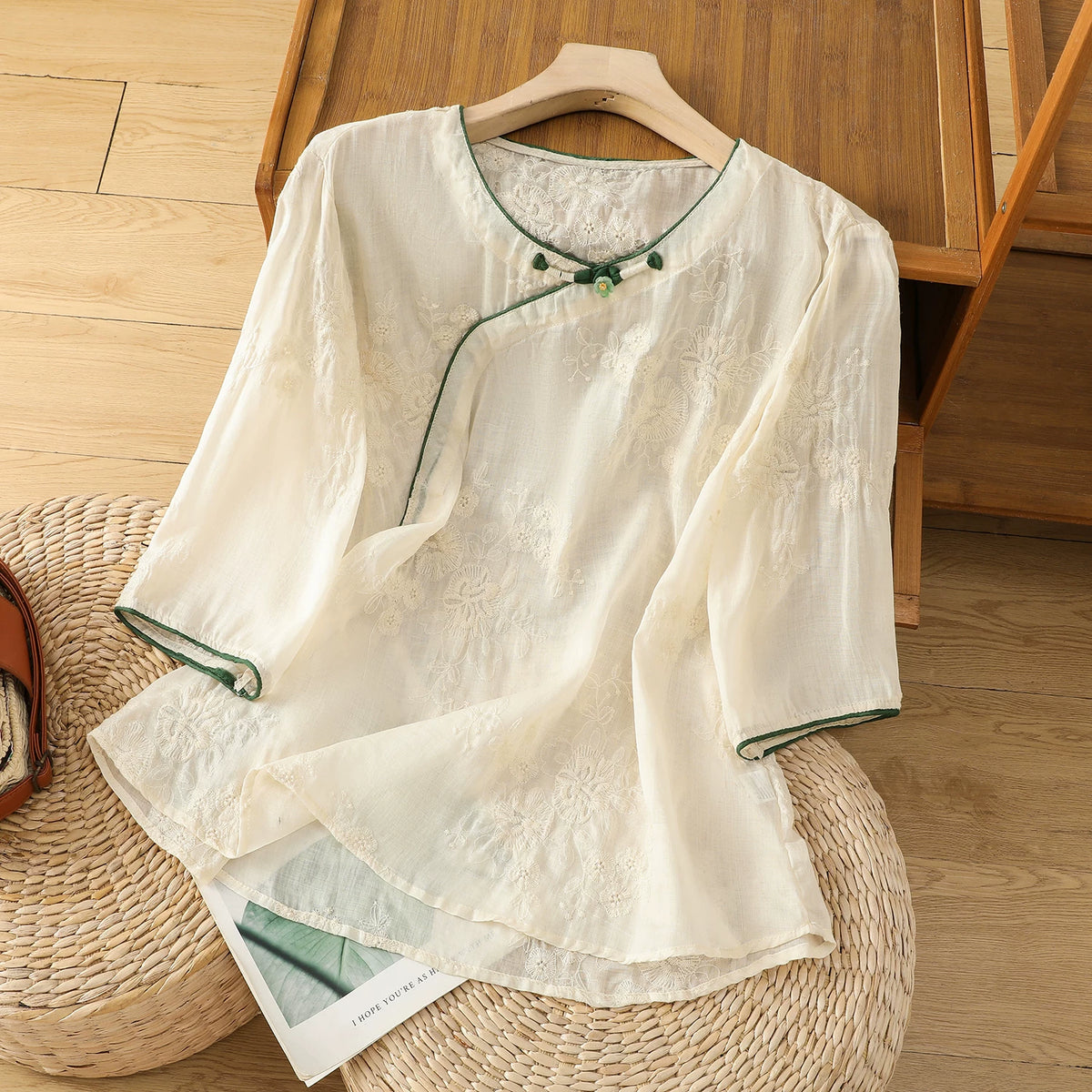 Embroidered Cotton Linen Three Quarter Sleeve Shirt