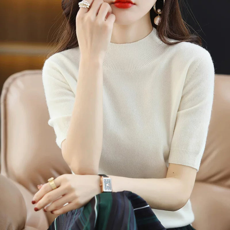 Relaxed Knit Top with Small Stand Collar & Elbow Sleeves