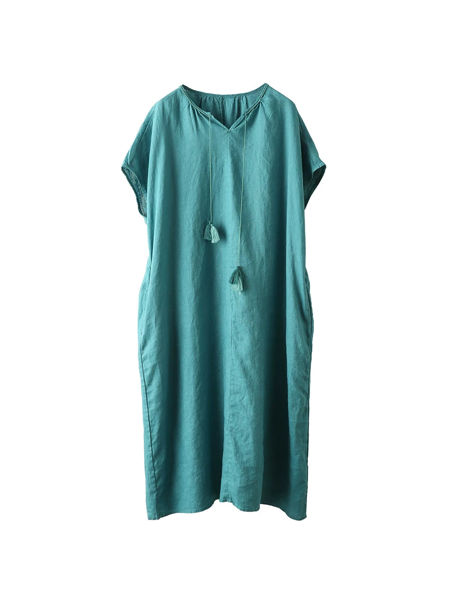 Pure Linen V-Neck Midi Dress with Tassel Trim