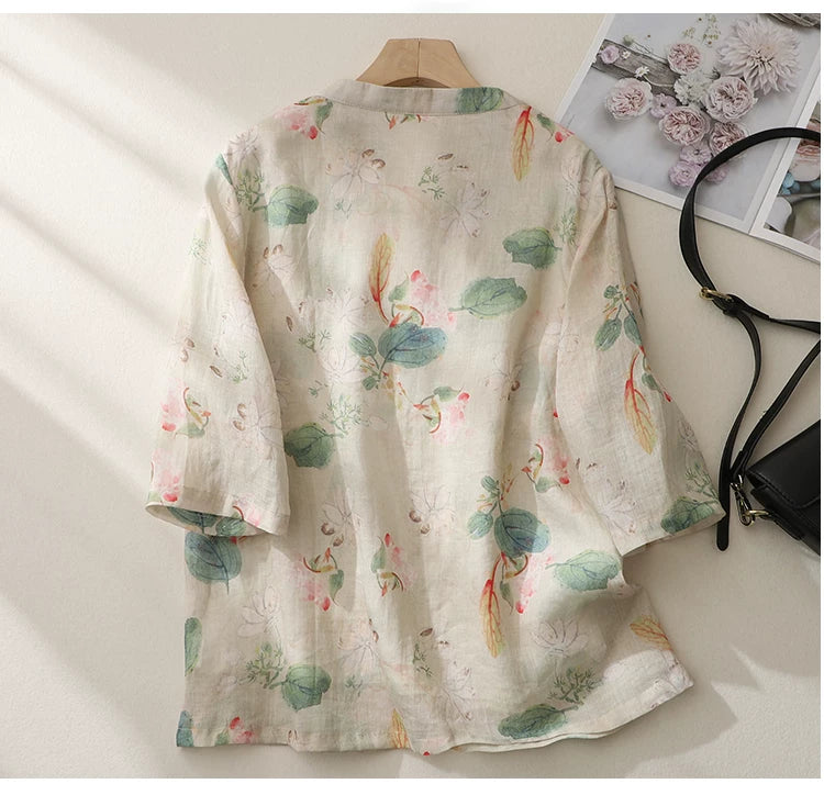 Floral Print Cotton Linen Three Quarter Sleeve Shirt