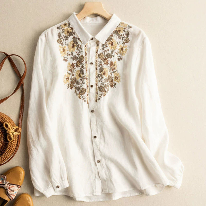 Embroidered Cotton-Linen Blouse with Shirt Collar