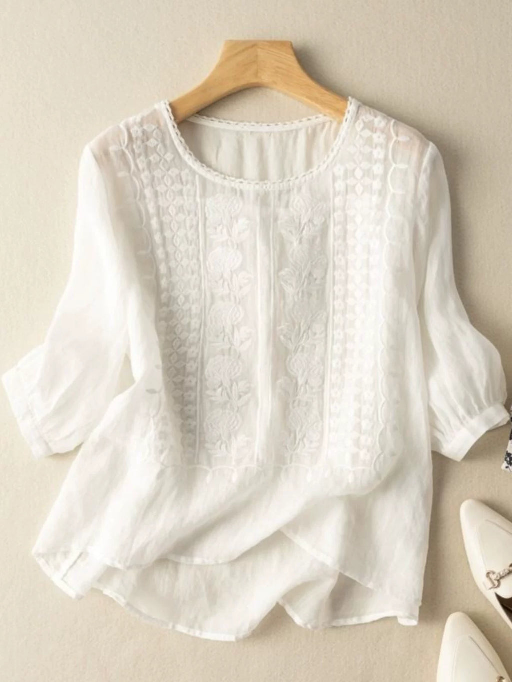 Embroidered Relaxed Top with Elbow-Length Sleeves