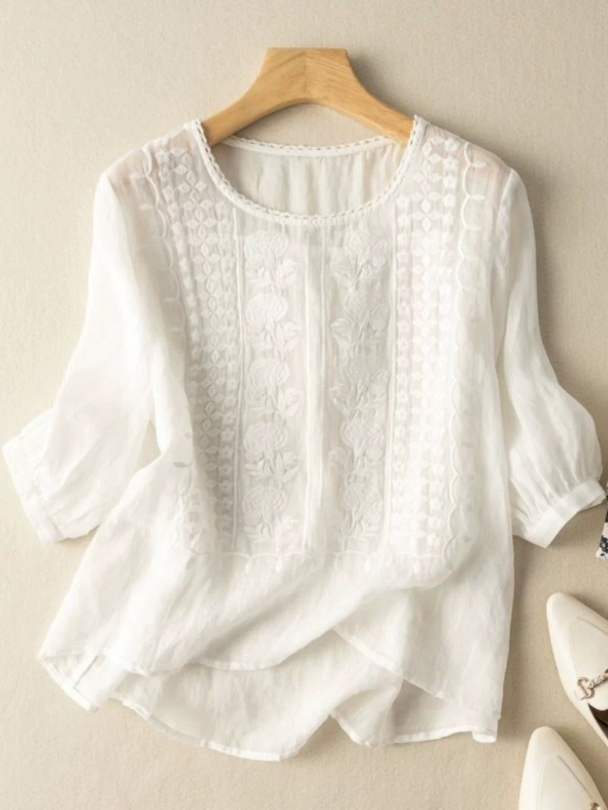 Embroidered Relaxed Top with Elbow-Length Sleeves