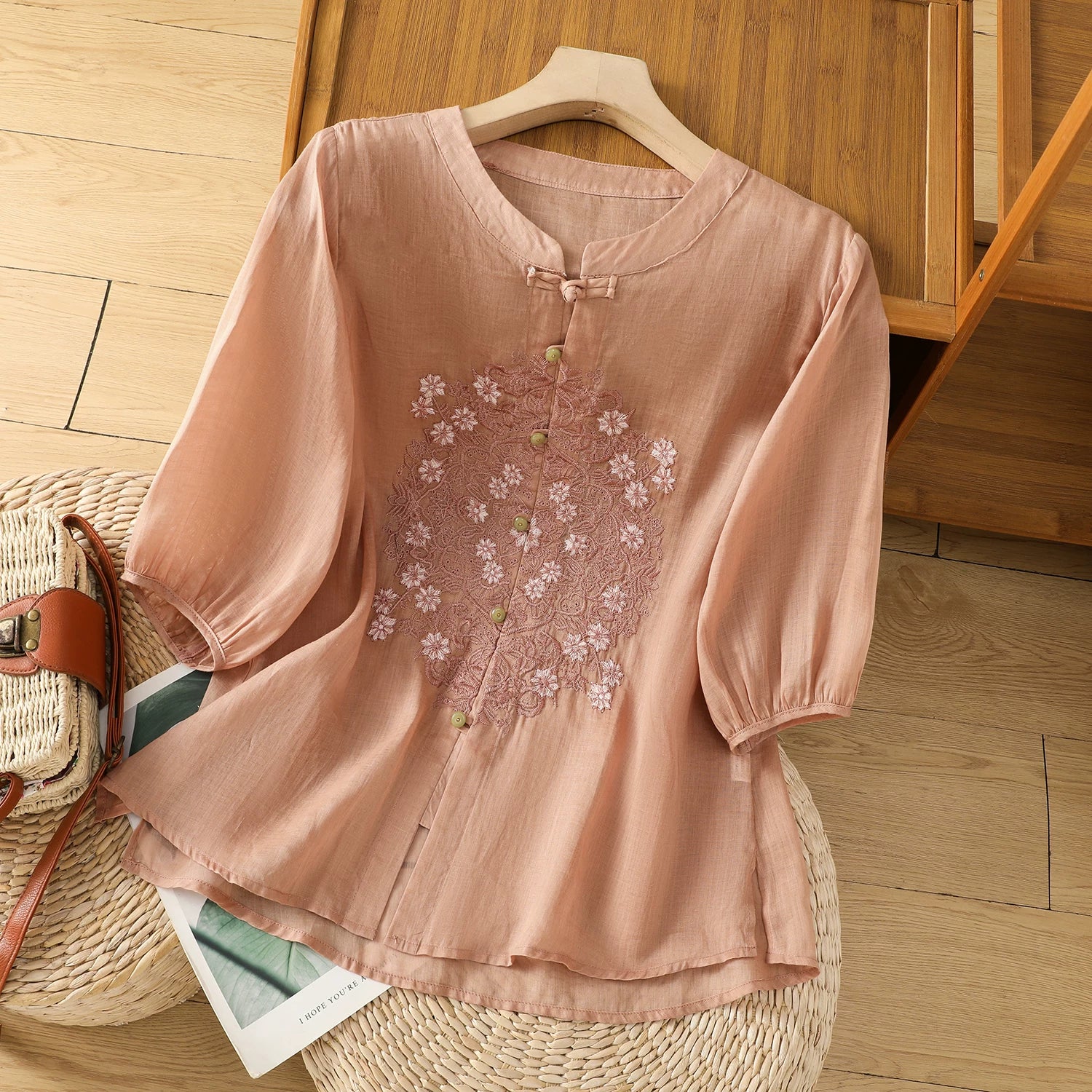 Cotton-Linen Blouse with Floral Lace Embroidery