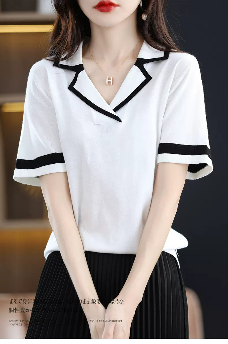 Relaxed V-Neck Knit Top with Contrast Trim