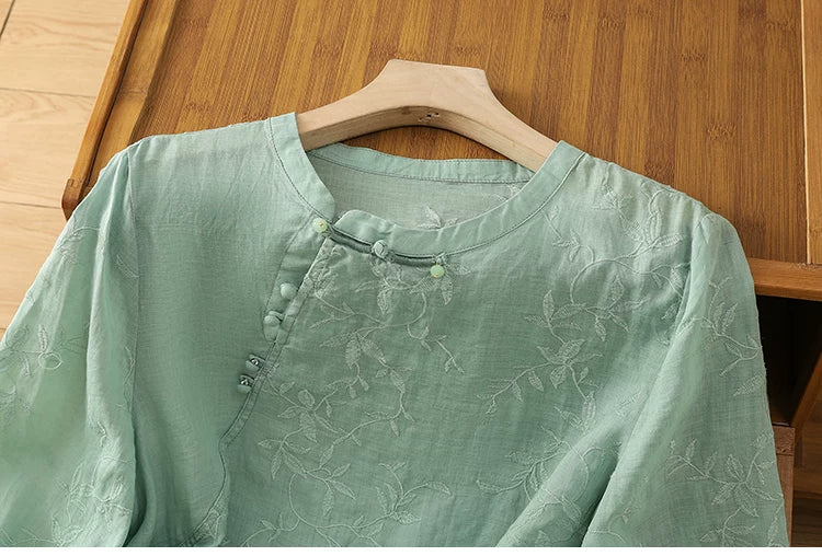 Embroidered Botanical Vine Cotton Linen Three Quarter Sleeve Shirt