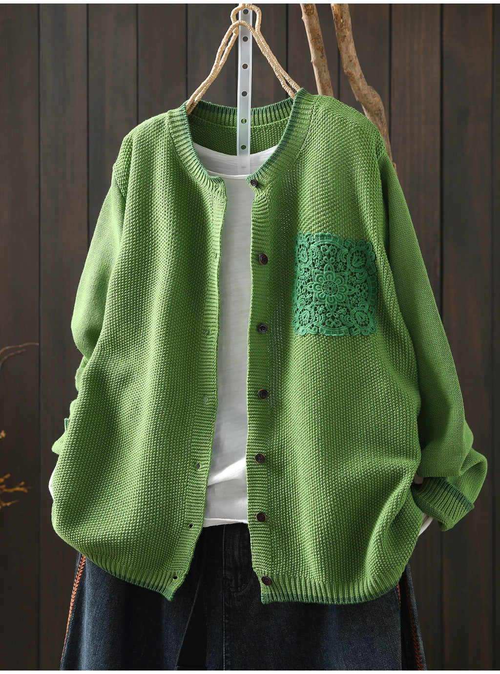 Waffle-Textured Knit Cardigan with Lace Pocket