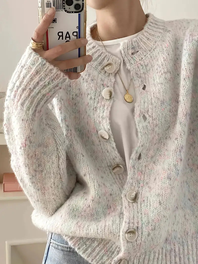 Speckled Yarn Cardigan with Front Buttons