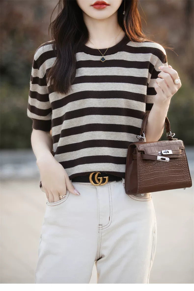 Striped Knit Top with Elbow-Length Sleeves