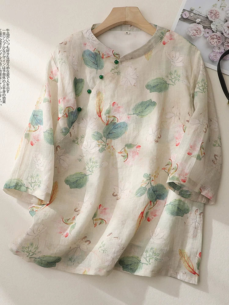 Floral Print Cotton Linen Three Quarter Sleeve Shirt