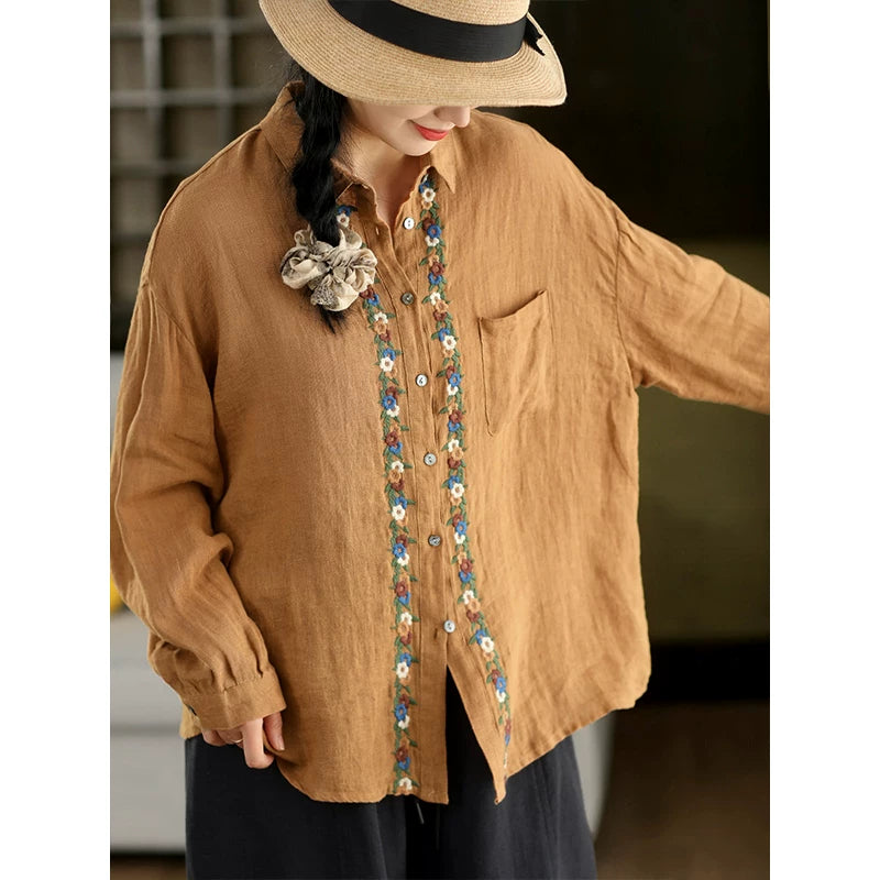 100% Linen Button-Front Top with Floral Embroidery