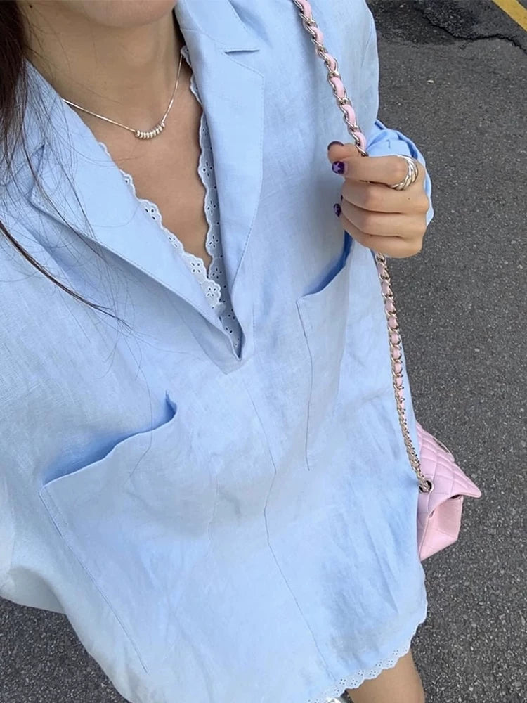 Linen-Look Tunic with Eyelet Lace Trim & Patch Pockets