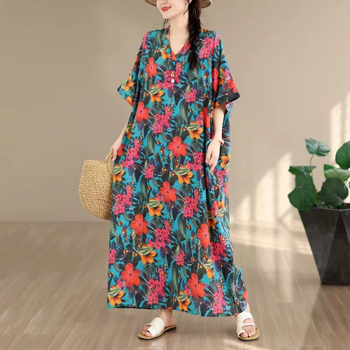 Floral Tie-Dye V-Neck Maxi Dress - Relaxed Fit