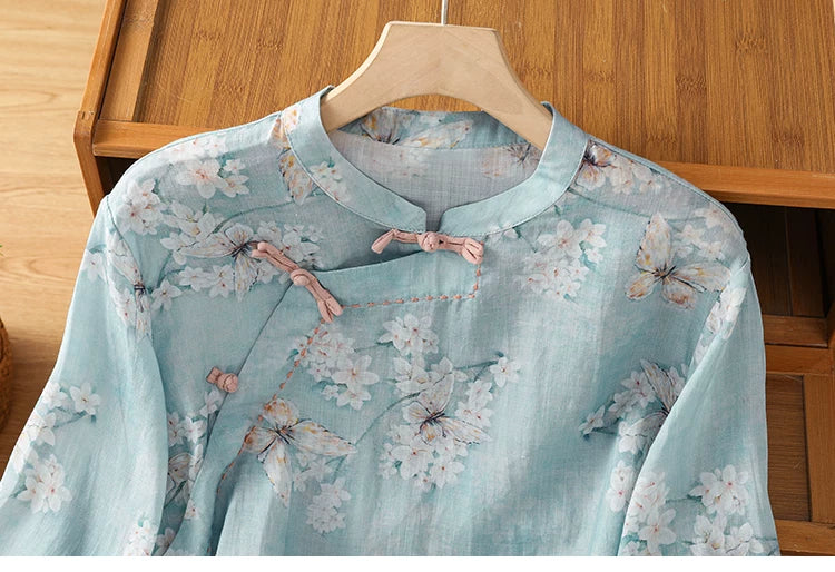 Floral Butterfly Print Three Quarter Sleeve Shirt