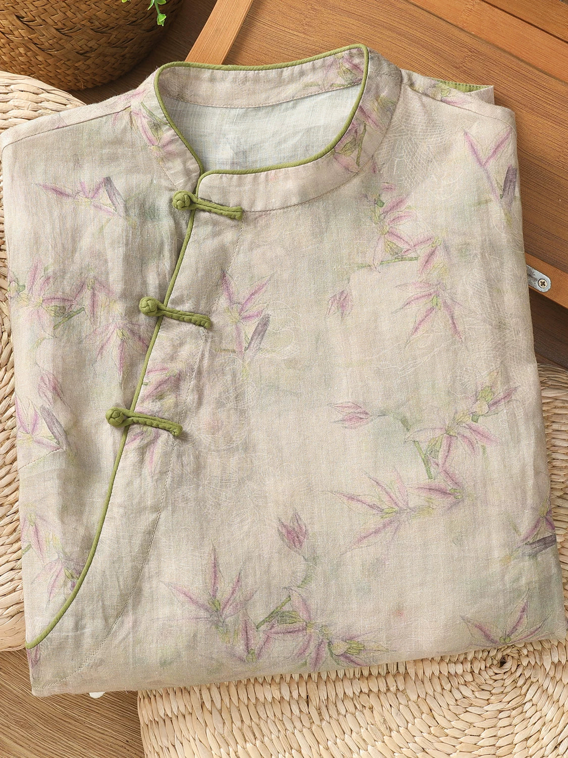 Bamboo Print Cotton Linen Three Quarter Sleeve Shirt