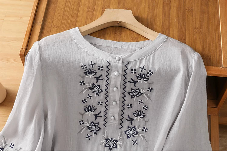 Embroidered Blouse with Elbow-Length Sleeves