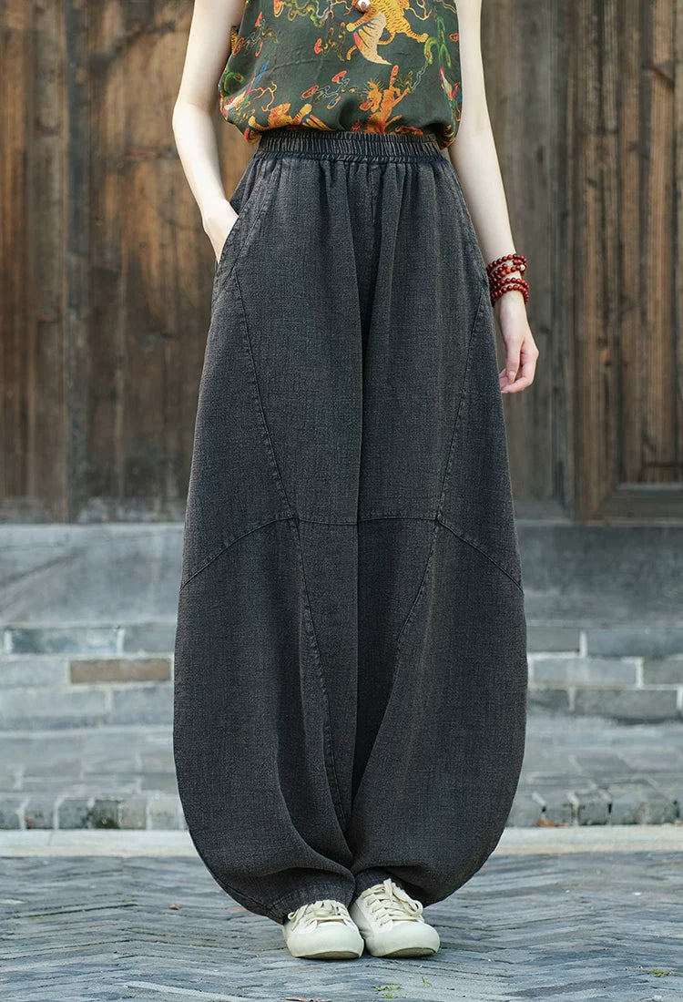 Balloon-Leg Cotton-Linen Pants with Elastic Waist