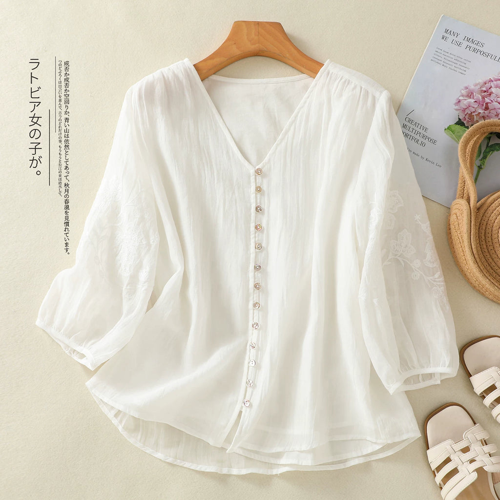 Embroidered Three Quarter Sleeve V-Neck Blouse
