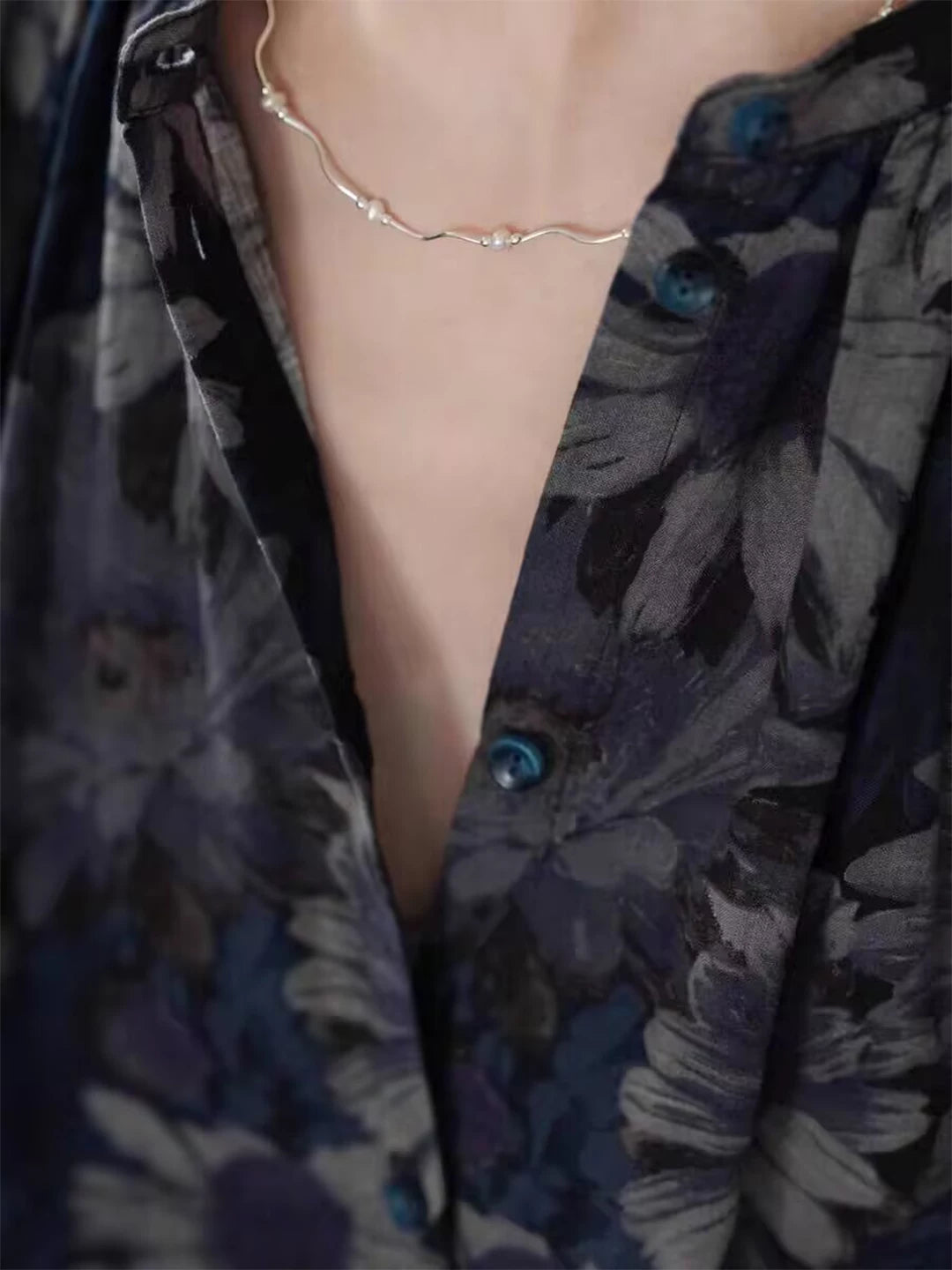 Vintage Print Linen Blouse Dress with Tie Waist