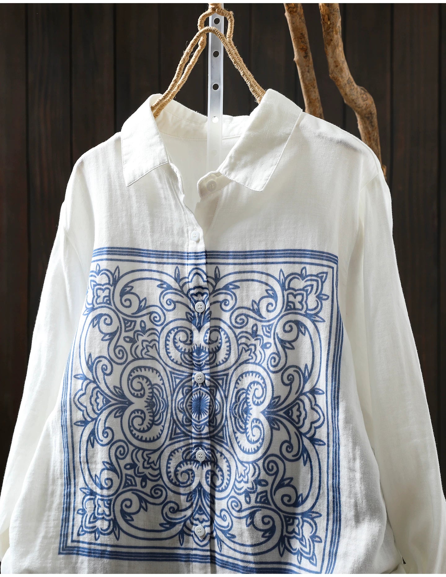 Linen Blouse with Porcelain Print & Button Front