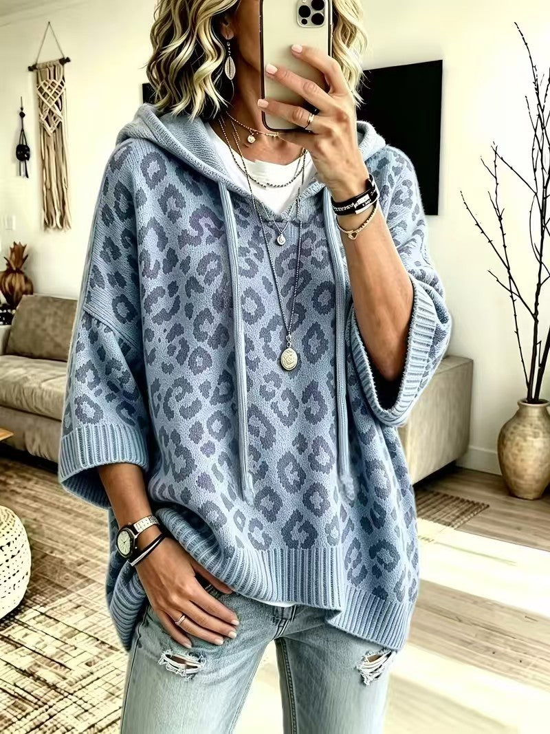 Leopard Jacquard Hooded Knit Top, Oversized Pullover