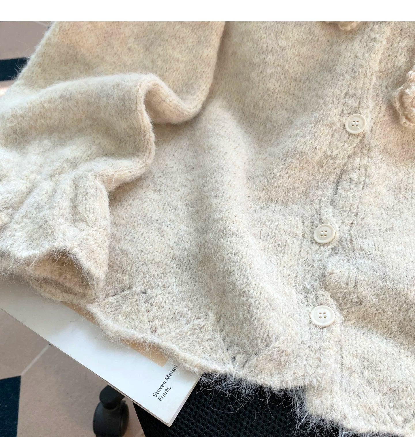 Floral Appliqué Fuzzy Knit Cardigan