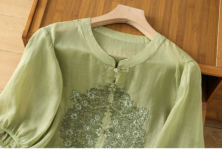 Cotton-Linen Blouse with Floral Lace Embroidery