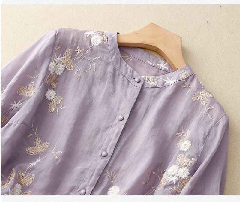 Embroidered Three Quarter Sleeve Shirt, Cotton Linen