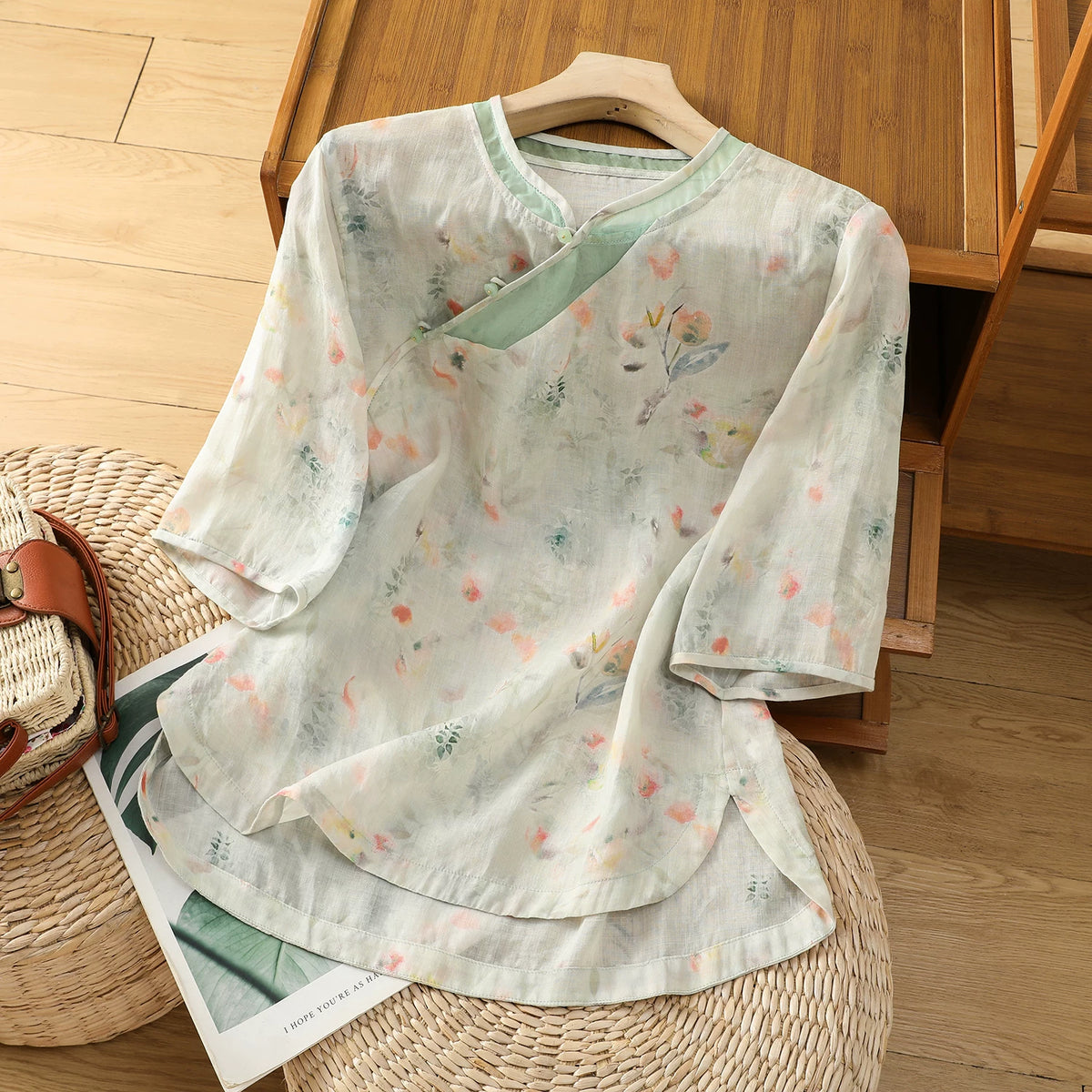 Floral Print Cotton Linen Three Quarter Sleeve Shirt