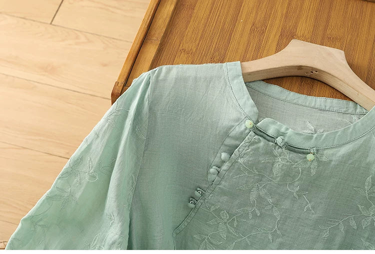 Embroidered Botanical Vine Cotton Linen Three Quarter Sleeve Shirt