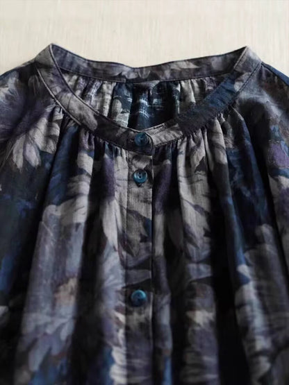 Vintage Print Linen Blouse Dress with Tie Waist