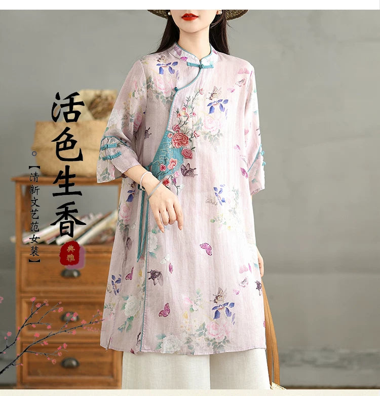 Relaxed Floral Tunic with Embroidered Panel & Tie Detail