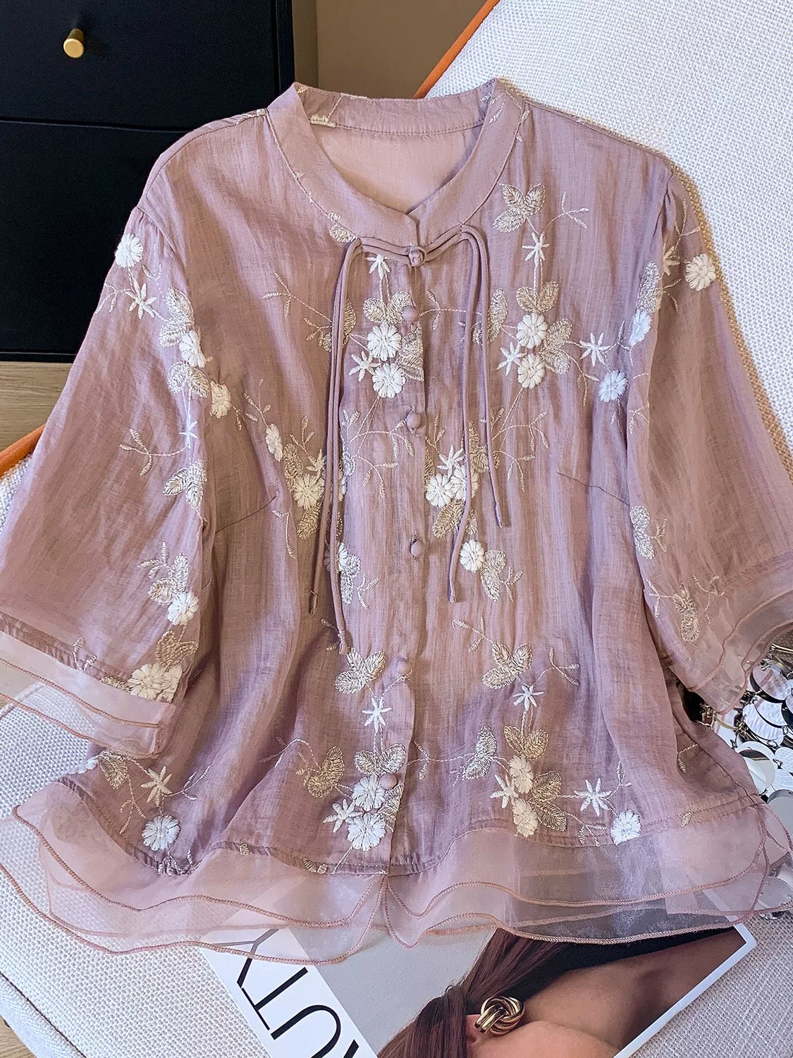 Embroidered Top with Organza Overlay & Button Front