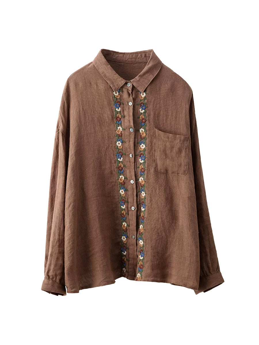 100% Linen Button-Front Top with Floral Embroidery