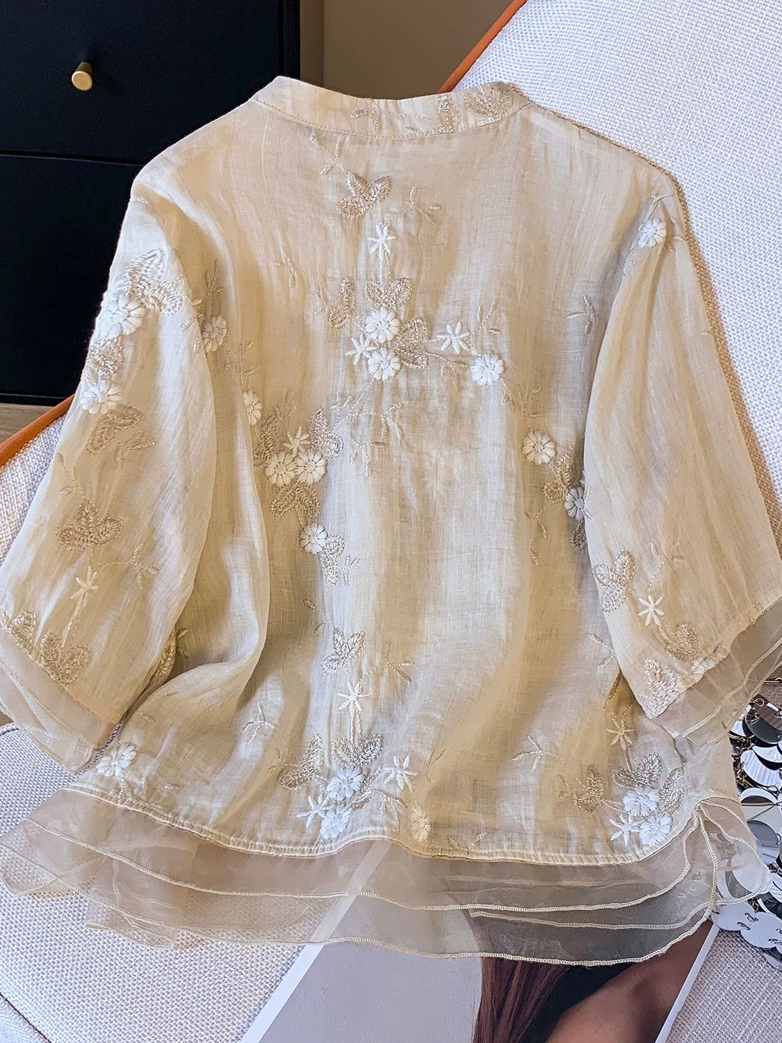 Embroidered Top with Organza Overlay & Button Front