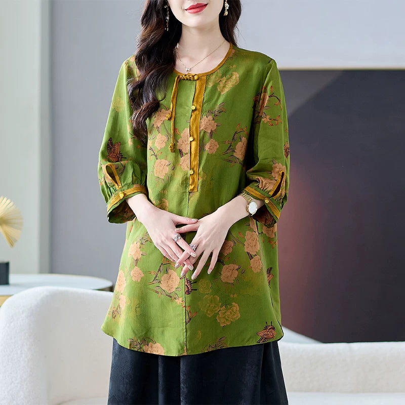 Viscose Blouse with Floral Print & Contrast Trim