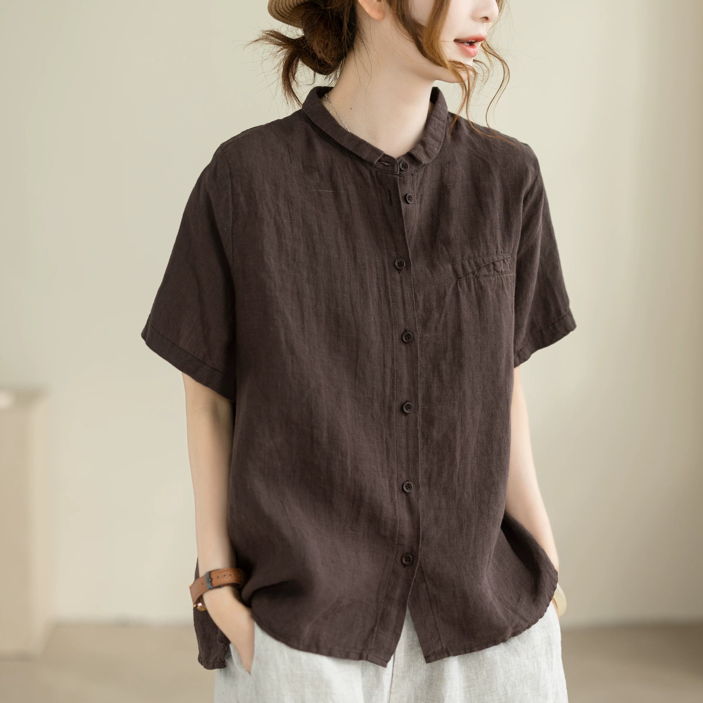 100% Linen Button-Front Top with Small Stand Collar