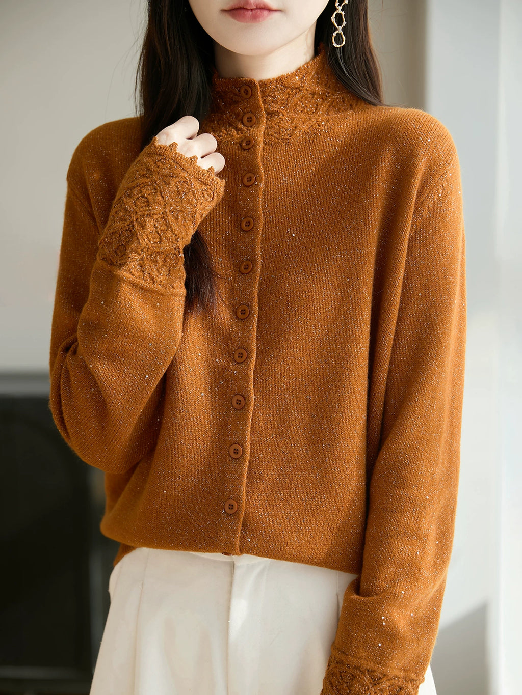 Soft Knit Cardigan with Lace Trim & Shiny Flecks