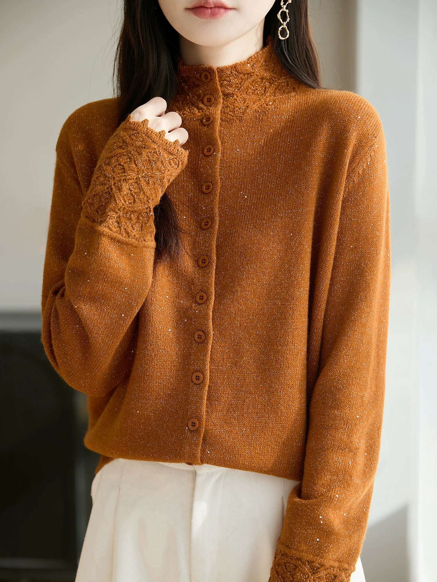 Soft Knit Cardigan with Lace Trim & Shiny Flecks