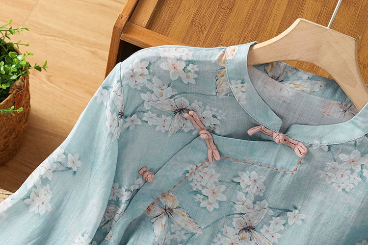 Floral Butterfly Print Three Quarter Sleeve Shirt
