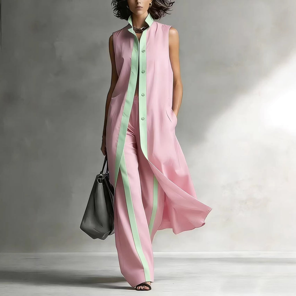 Relaxed Two-Piece Set with Stand Collar & Contrast Piping