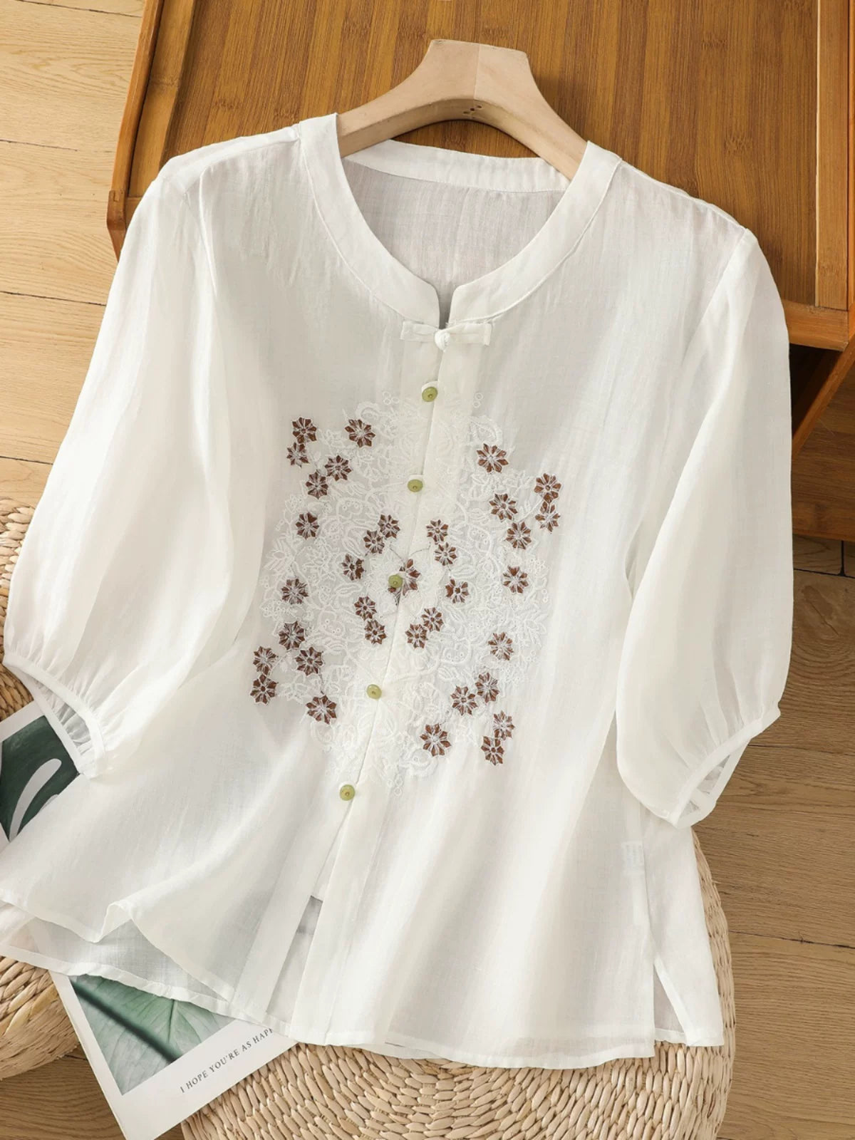 Cotton-Linen Blouse with Floral Lace Embroidery
