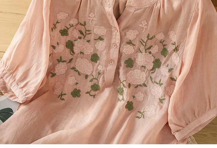 Embroidered Three Quarter Sleeve Cotton Linen Shirt