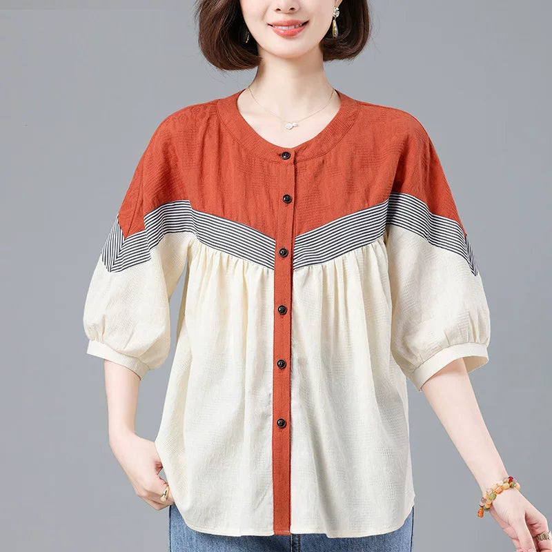 100% Cotton Color-Block Button Top with Striped Trim