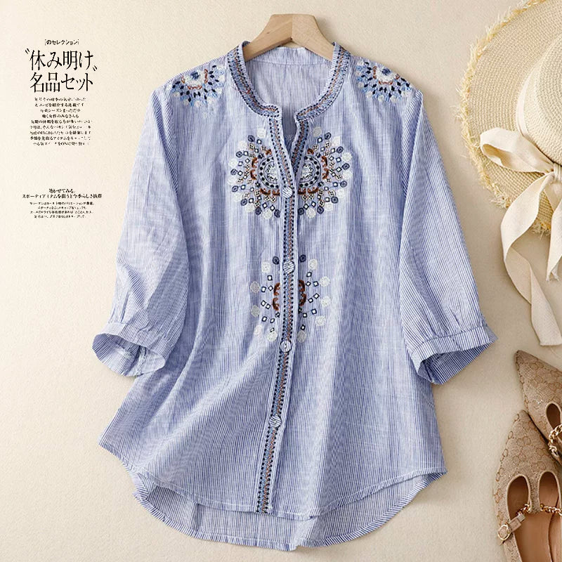 Embroidered Three Quarter Sleeve Shirt, Cotton Linen